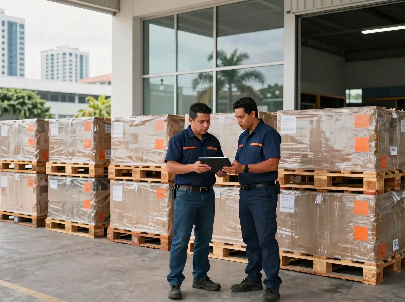 Dos supervisores revisan cajas identificadas con GS1 en un centro de distribución