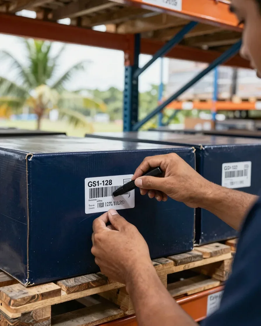 Operario coloca una etiqueta GS1-128 en una caja de una bodega